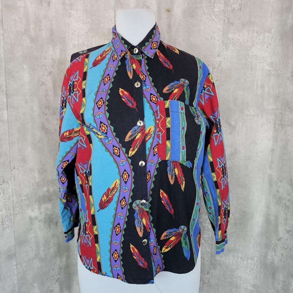 Vintage 80s 90s‎ Western Plains Trading Co Shirt Southwestern Feather USA Cotton